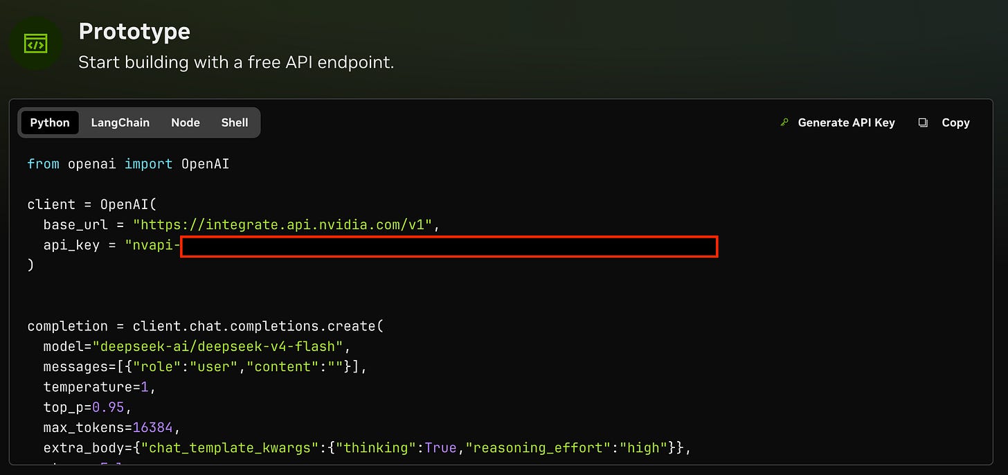 NVIDIA NIM API key page on build.nvidia.com showing Generate API Key for a free-tier model in the Hermes agent setup.