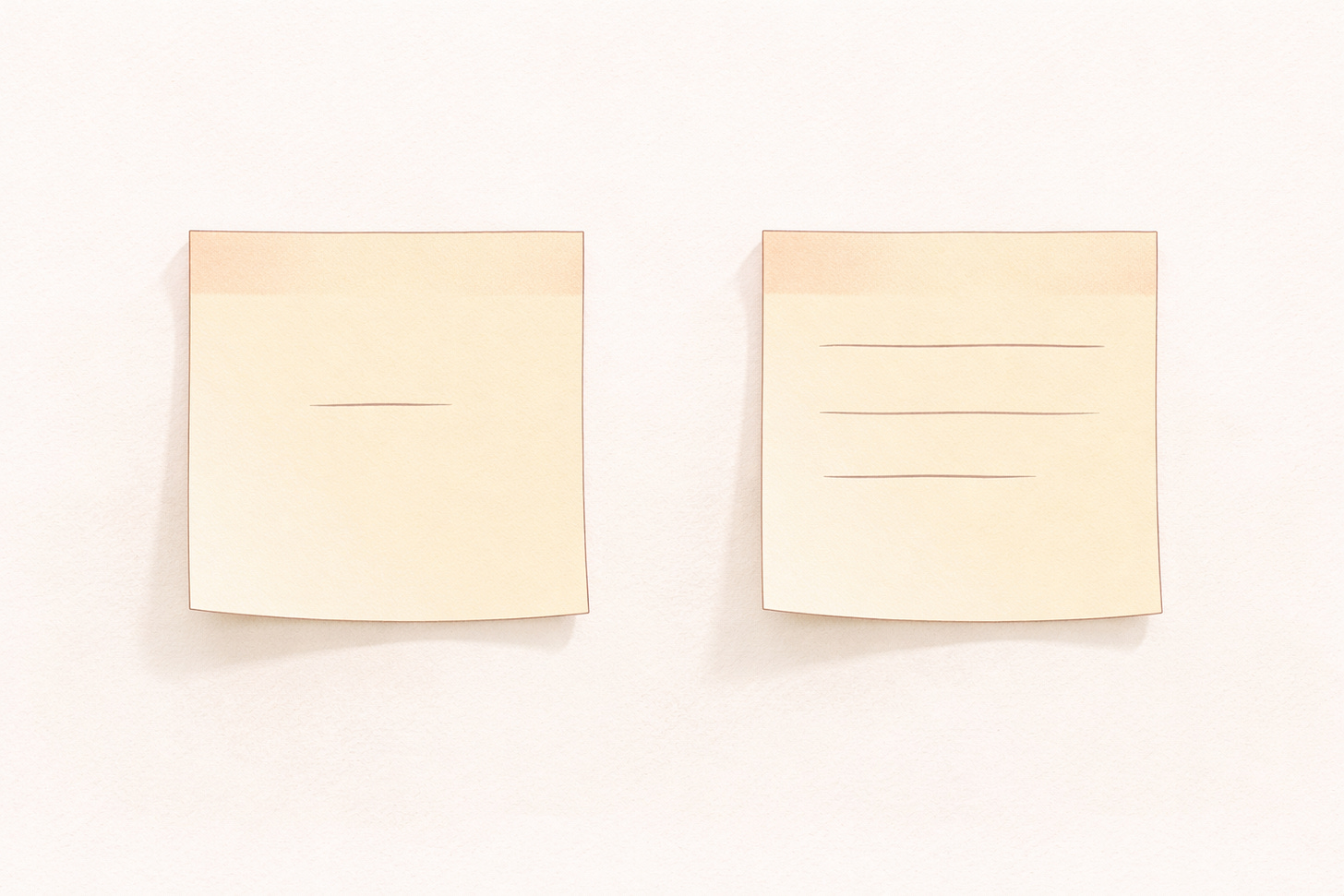 Two warm blush sticky notes side by side. The left one has a single short line on it. The right one has three longer lines, suggesting more detail and depth. Two warm blush sticky notes side by side. The left one has a single short line on it. The right one has three longer lines, suggesting more detail and depth.