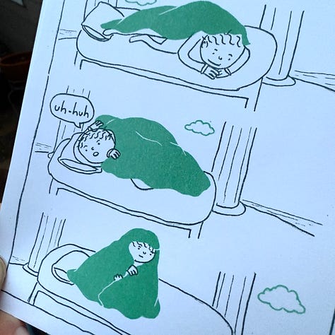 image of the sleepy's delay originals followed by four photographs of the risograph print tests in seafoam and hunter green inks
