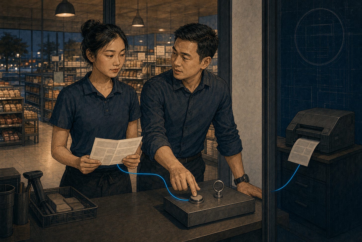 Một nhân viên cửa hàng cầm lịch ca trừu tượng bên cạnh quản lý đang nhấn nút dừng đơn giản; sợi cerulean đổi hướng khỏi máy in tự động ở phía sau.
