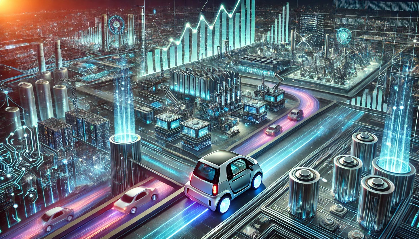A futuristic investment landscape showcasing cutting-edge battery technology, autonomous vehicles, and AI-powered factories. The scene features high-tech industrial zones with glowing data streams, robotic assembly lines, and electric self-driving cars on sleek, illuminated highways. A digital financial graph overlays the image, symbolizing a trillion-dollar investment opportunity. The color palette is a mix of deep blues, neon greens, and metallic silvers, evoking a sense of innovation and wealth.