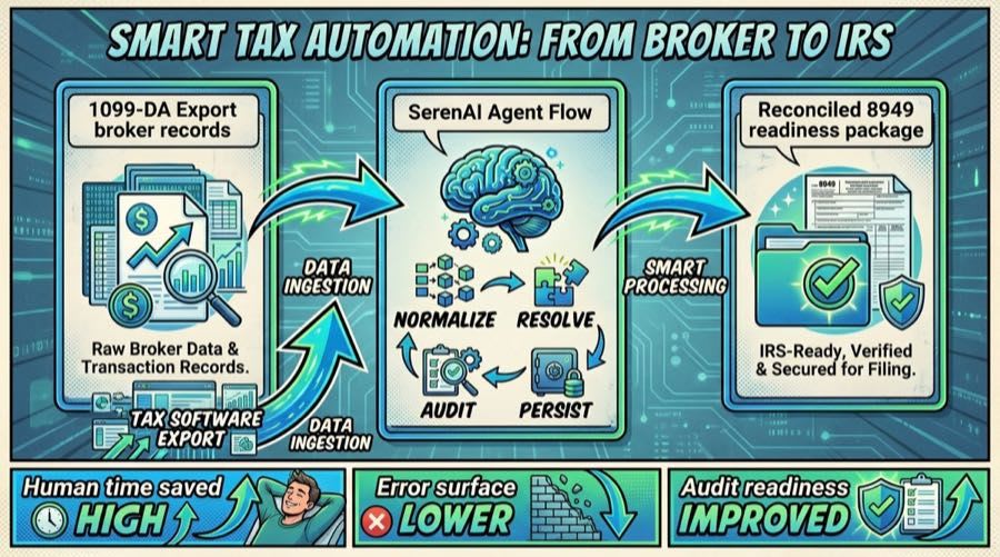 1099-DA Export → SerenAI Agent Flow → Reconciled Form 8949 Readiness Package 1099-DA Export → SerenAI Agent Flow → Reconciled Form 8949 Readiness Package