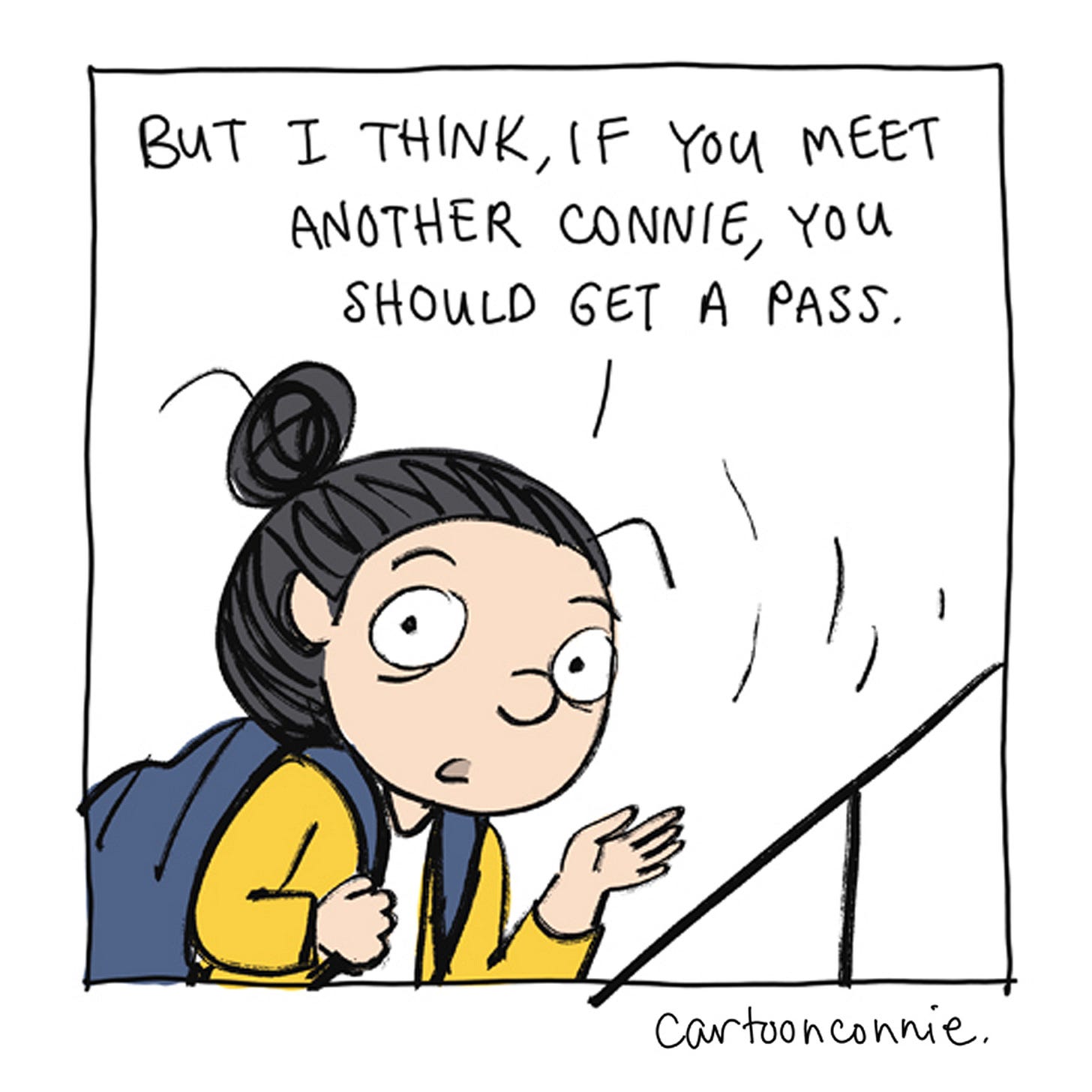 Panel 12/12 of a two-page diary comic about an encounter on a New York City subway in which Connie meets another Connie. Titled "City Diary, July 2026," by Connie Sun, cartoonconnie.