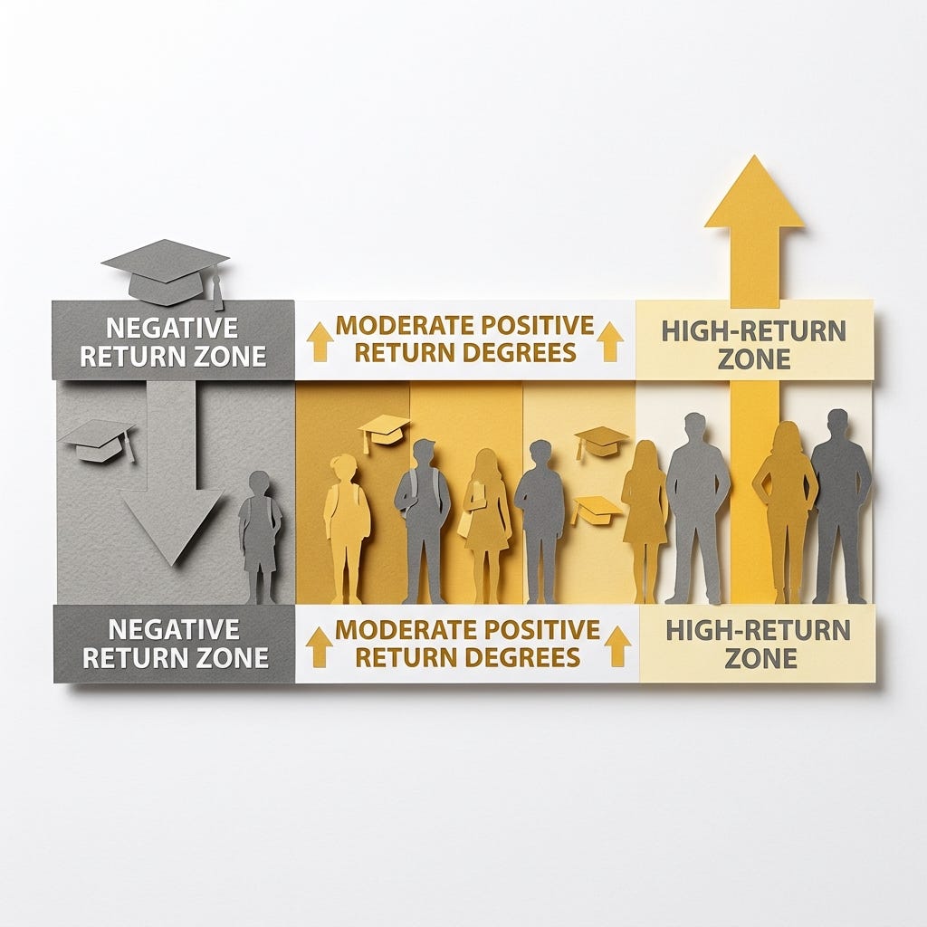 Layered papercut of a horizontal spectrum bar showing three zones: on the far left a grey zone with a downward arrow and falling graduation cap figures representing negative-return credentials where debt exceeds lifetime earnings premium, in the middle a golden yellow zone with a moderate upward arrow representing degrees with positive but modest returns, and on the far right a bright golden high-return zone with a tall upward arrow and successful professional figures representing high-earning STEM and professional degrees, illustrating that the return on investment from higher education varies enormously by field and institution and that the federal loan program's failure to make these distinctions funds negative-return credentials at the same rate as high-return ones