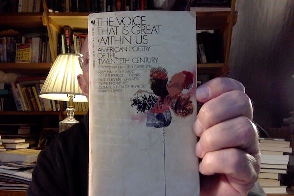 Photo of a person in a book-cluttered office whose face is obscured by the book he is holding: A battered copy of The Voice that is Great Within Us, edited by Hayden Carruth