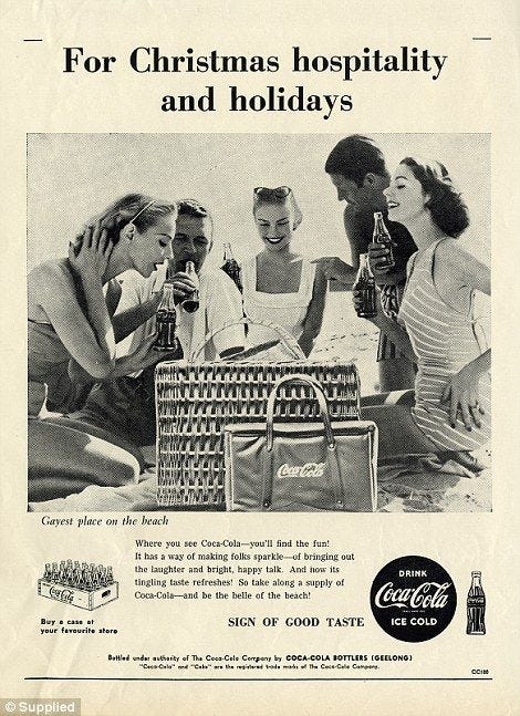 Coca-Cola became renowned for its Christmas and holiday advertising shown in these ads from 1957 Coca-Cola became renowned for its Christmas and holiday advertising shown in these ads from 1957
