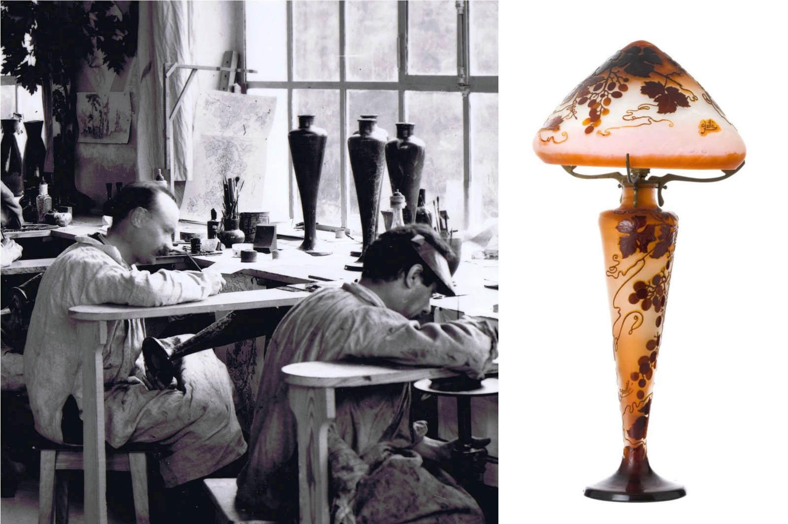 Left, a painter working on a Raisins lamp foot with four other copies sitting on his work table, anonymous picture from inside the Gallé factory men workshops, circa November 1912 (private collection). Right, a specimen of these Raisins lamp, featuring matching Mk III signatures, in accord with a 1912 date. Left, a painter working on a Raisins lamp foot with four other copies sitting on his work table, anonymous picture from inside the Gallé factory men workshops, circa November 1912 (private collection). Right, a specimen of these Raisins lamp, featuring matching Mk III signatures, in accord with a 1912 date.