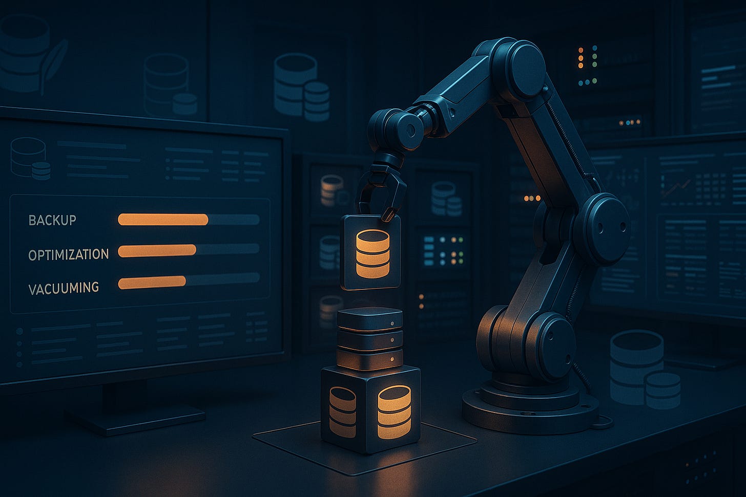 Robotic arm automating database deployment tasks with progress bars showing backup and optimization stages. Robotic arm automating database deployment tasks with progress bars showing backup and optimization stages.