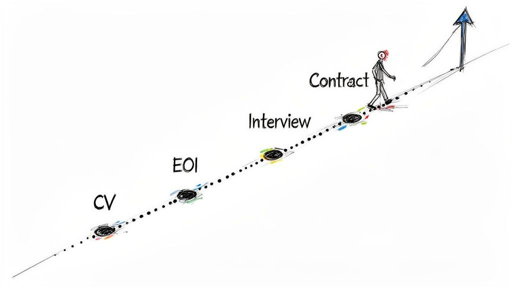 A person walks along a path marked CV, EOI, Interview, Contract towards a goal, illustrating a career journey. A person walks along a path marked CV, EOI, Interview, Contract towards a goal, illustrating a career journey.