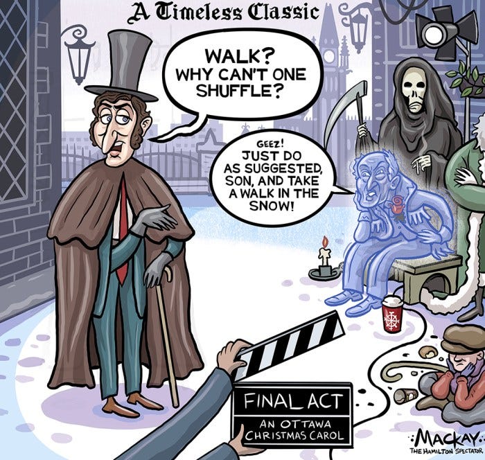 In a Dickensian twist, Justin Trudeau is cast as Scrooge, haunted by the ghost of his father Pierre and other spirits, confronting the fading legacy of his leadership and the mounting pressure to step aside for the good of his party and country.