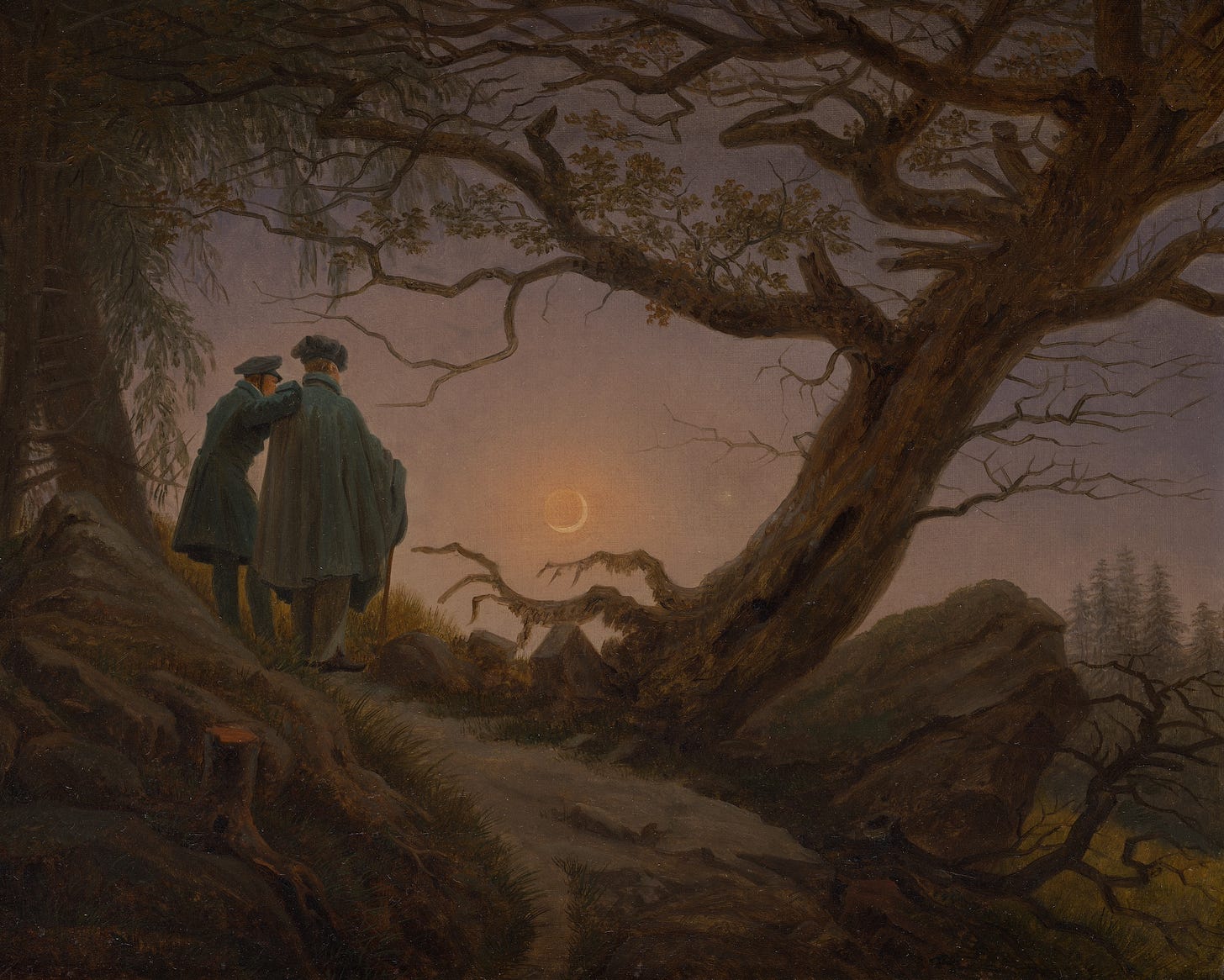 Painting of muted colors depicting a nighttime landscape scene, with two men at left, their back toward the viewer, look to the bright full moon in the sky