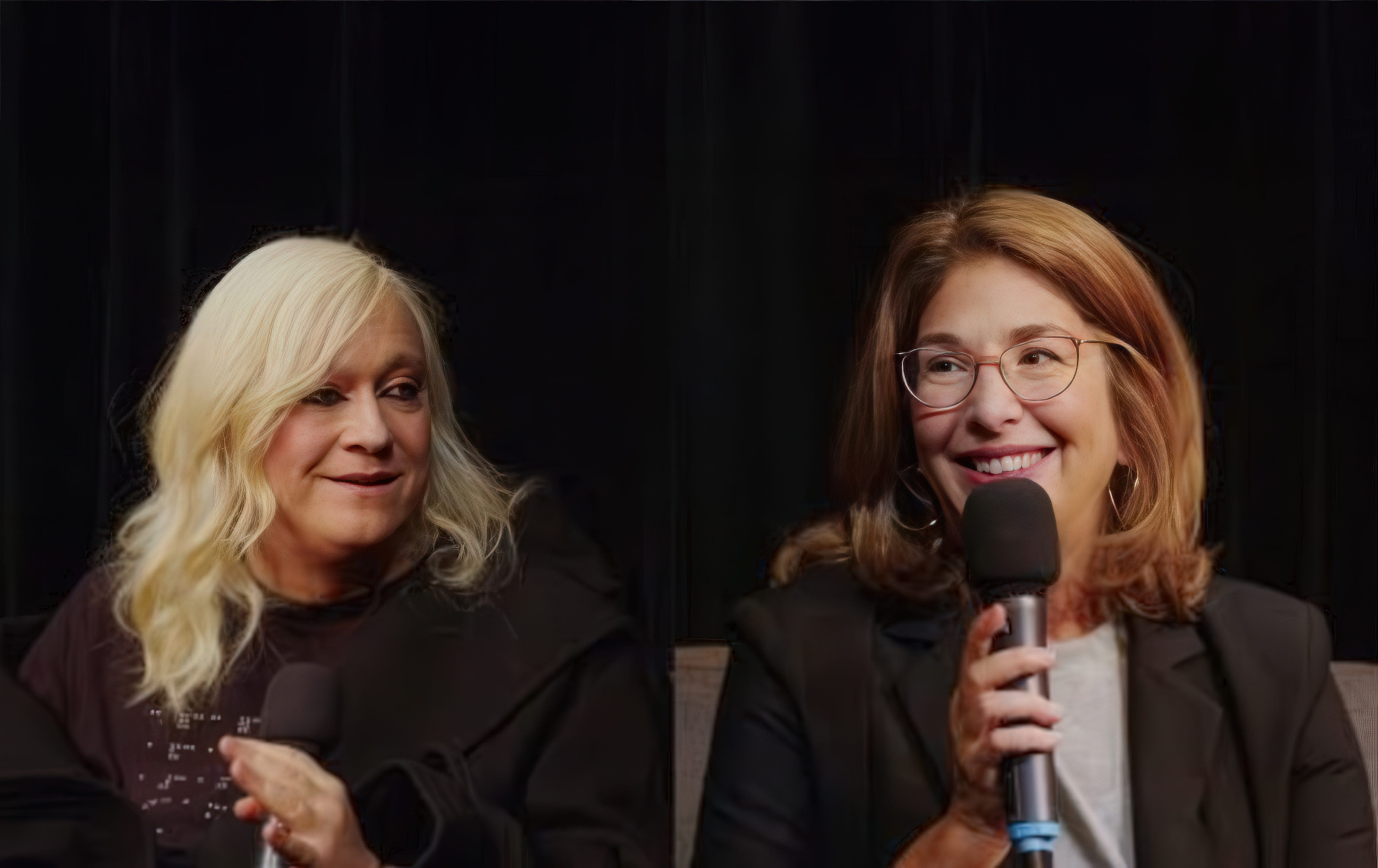 Photo of Naomi Klein and ANOHNI holding microphones