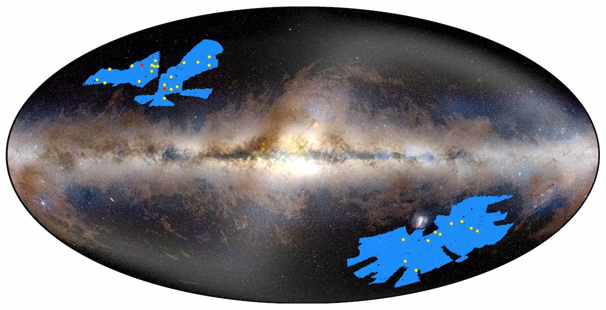 Here's a cleaner rewritten version: **Locations of the 31 newly discovered quasars identified by Euclid. Credit: ESA/Euclid/Euclid Consortium/NASA/Planck Collaboration/A. Mellinger, Jean-Charles Cuillandre, and João Dinis.** Here's a cleaner rewritten version: **Locations of the 31 newly discovered quasars identified by Euclid. Credit: ESA/Euclid/Euclid Consortium/NASA/Planck Collaboration/A. Mellinger, Jean-Charles Cuillandre, and João Dinis.**