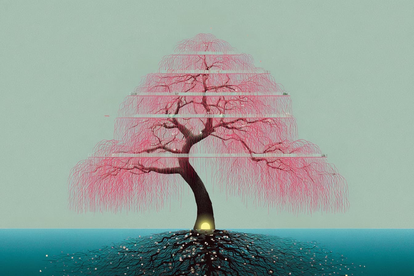 illustration of a drooping tree with a glowing orb and expansive roots