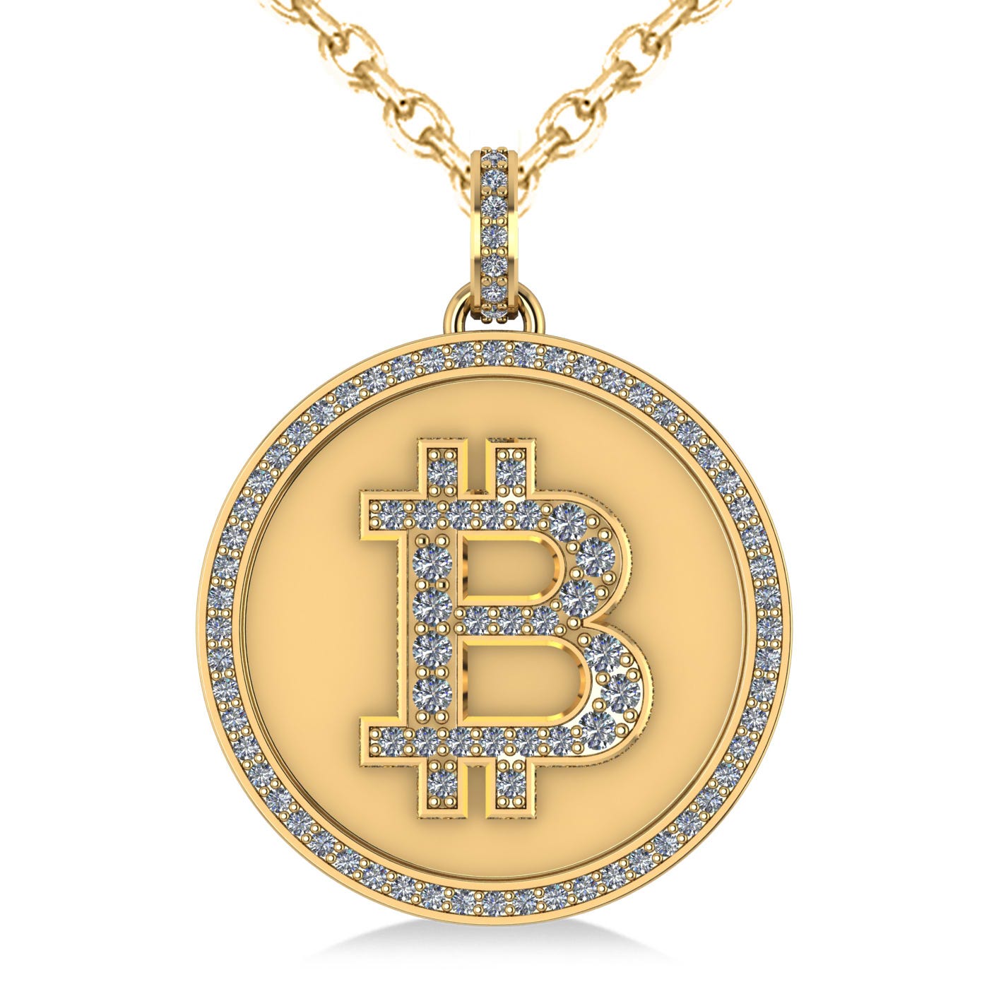 Large Diamond Bitcoin Pendant Necklace 14k Yellow Gold (1.21ct)