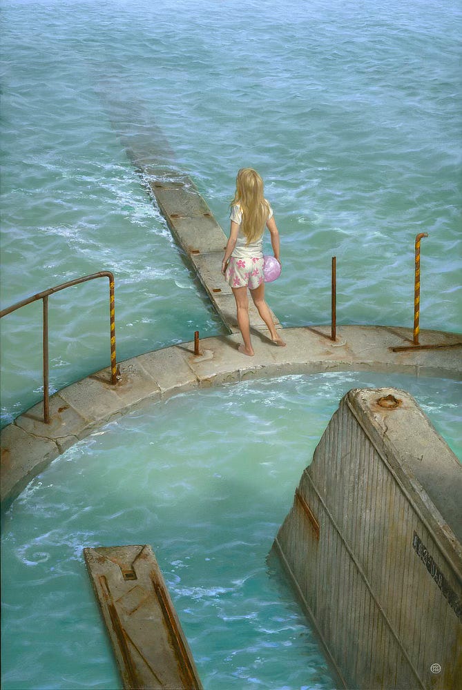 A girl stares down a concrete causeway descending into the rippling ocean. She wears shorts patterned with pink 5-pointed blossoms and a plain white shirt. Long blonde hair falls to her waist. Against her hip rests a ball held as if her play was interrupted to stare into the distance. Milky green-blue water froths climbing the causeway. The leading edge creeps up toward the low seawall on which she stands. Broken rebar juts up from the foundation. Intact to her left, the rusted metal forms a railing with the leading edge painted with yellow warning stripes.