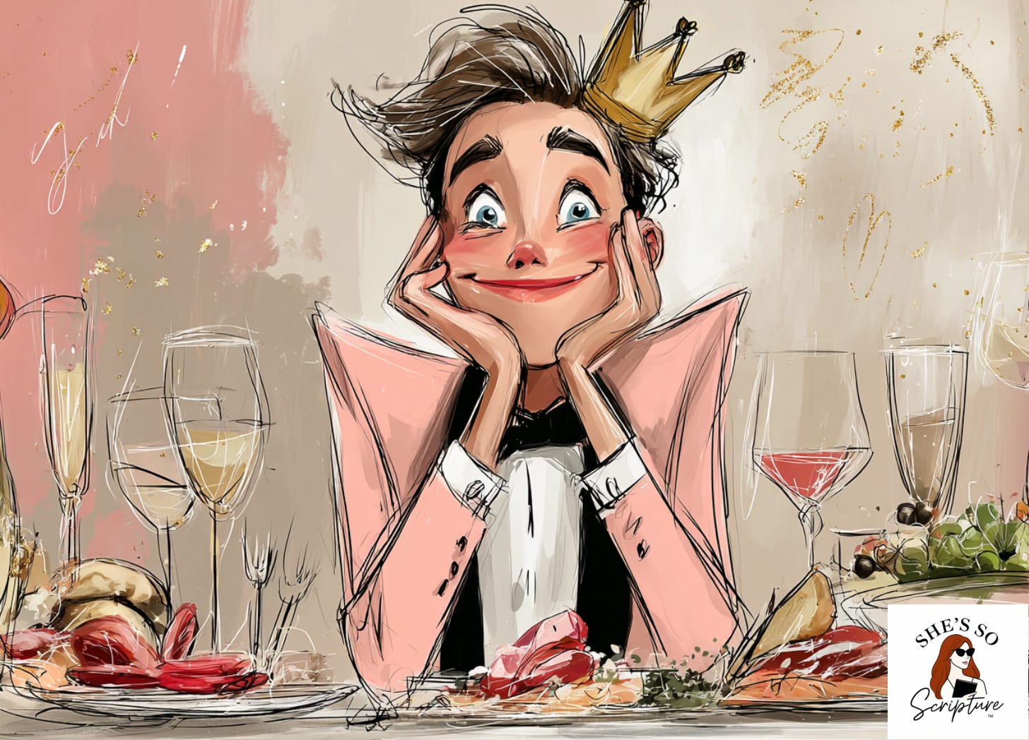 whimsical illustration of a prince sitting at a full banquet table smiling whimsical illustration of a prince sitting at a full banquet table smiling