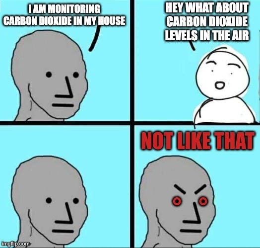NPC meme. The first NPC says "I am monitoring carbon dioxide in my house." A person replies "Hey what about carbon dioxide levels in the air." The NPC's eyes turn red: "Not like that."