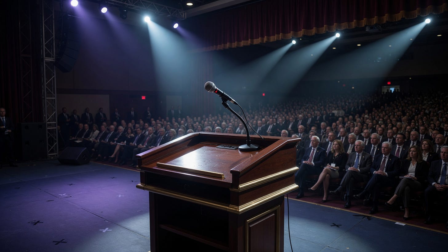 An empty government podium on a large conference stage with a crowd visible in the background, representing repeated promises at Bitcoin conferences without follow-through.