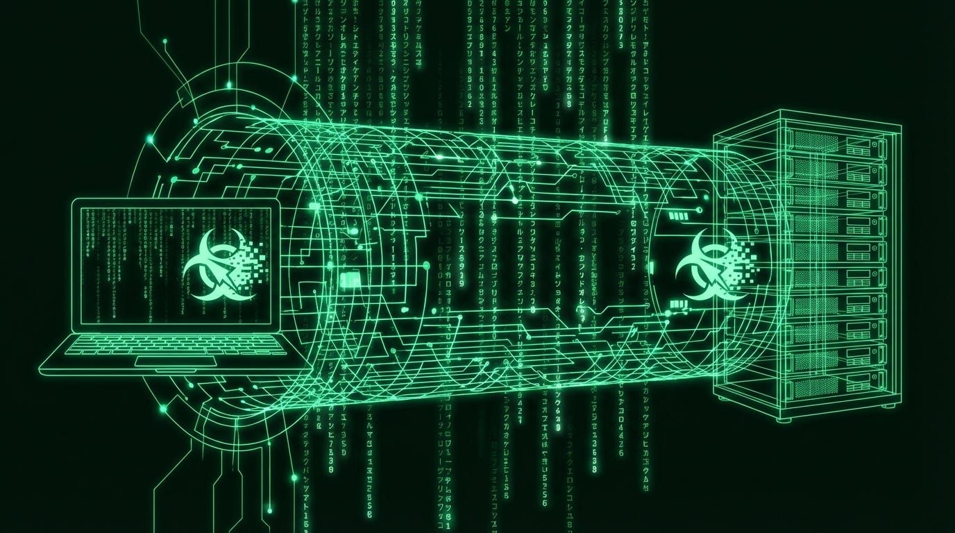 Abstract schematic of a glowing green data tunnel connecting a laptop to a server rack. Matrix code rain in background. Abstract schematic of a glowing green data tunnel connecting a laptop to a server rack. Matrix code rain in background.
