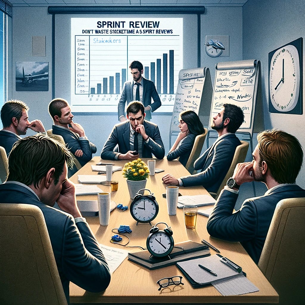 A realistic and subtly humorous image depicting the theme 'Don't Waste Stakeholders' Time at Sprint Reviews'. The image should feature a realistic portrayal of a sprint review meeting with stakeholders and developers. The stakeholders should be shown in a state of mild boredom or disengagement, subtly glancing at their watches or looking distracted, while the development team is presenting in the background. The setting should be a modern corporate meeting room, with a projector screen, chairs, and a conference table, but with slight exaggerations to hint at the unengaging nature of the meeting. The image should convey the message that the sprint review is not capturing the stakeholders' interest, emphasizing the need for more effective and engaging meetings in Agile practices. The overall tone should be understated yet impactful, delivering a message about the importance of valuing stakeholders' time.