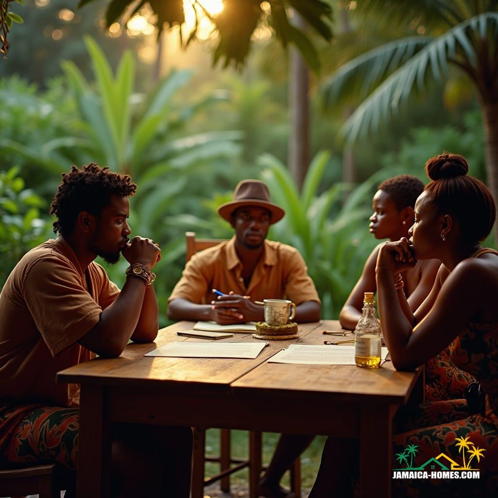 Young family gathered around a wooden table, dressed in traditional Jamaican attire, surrounded by lush greenery and vibrant island colors, as they solemnly discuss the probating of a will, their faces illuminated by warm, golden cinematic lighting, with deep shadows and subtle film grain, shot on 35mm film with a V-Raptor XL camera, evoking a sense of nostalgia and timelessness, with a subtle vignette and meticulous color grading, reminiscent of the dramatic, atmospheric works of cinematographer Emmanuel Lubezki, infused with the vibrant, cinematic style of Terrence Malick, and the epic, sweeping narratives of David Lean, resulting in a stunning, live-action masterpiece that exudes drama and tension.