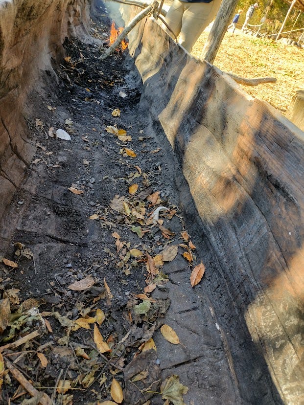 Long hollowed out tree log with small fire lit in it