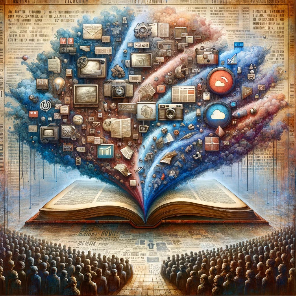 An abstract representation of the concept of media influence on historical memory. The scene includes a large, open book symbolizing history, with words and images flowing out of it like a river. These words and images transform into various media symbols, such as newspaper headlines, social media icons, and television screens, which then frame the edges of the image, suggesting their role in shaping our perception of history. Surrounding this are faint outlines of people's faces, showing a diversity of reactions - some thoughtful, some confused - to highlight the varied impact of media on individuals' understanding of history. The color palette is muted to convey a sense of introspection and the complex relationship between media and memory.