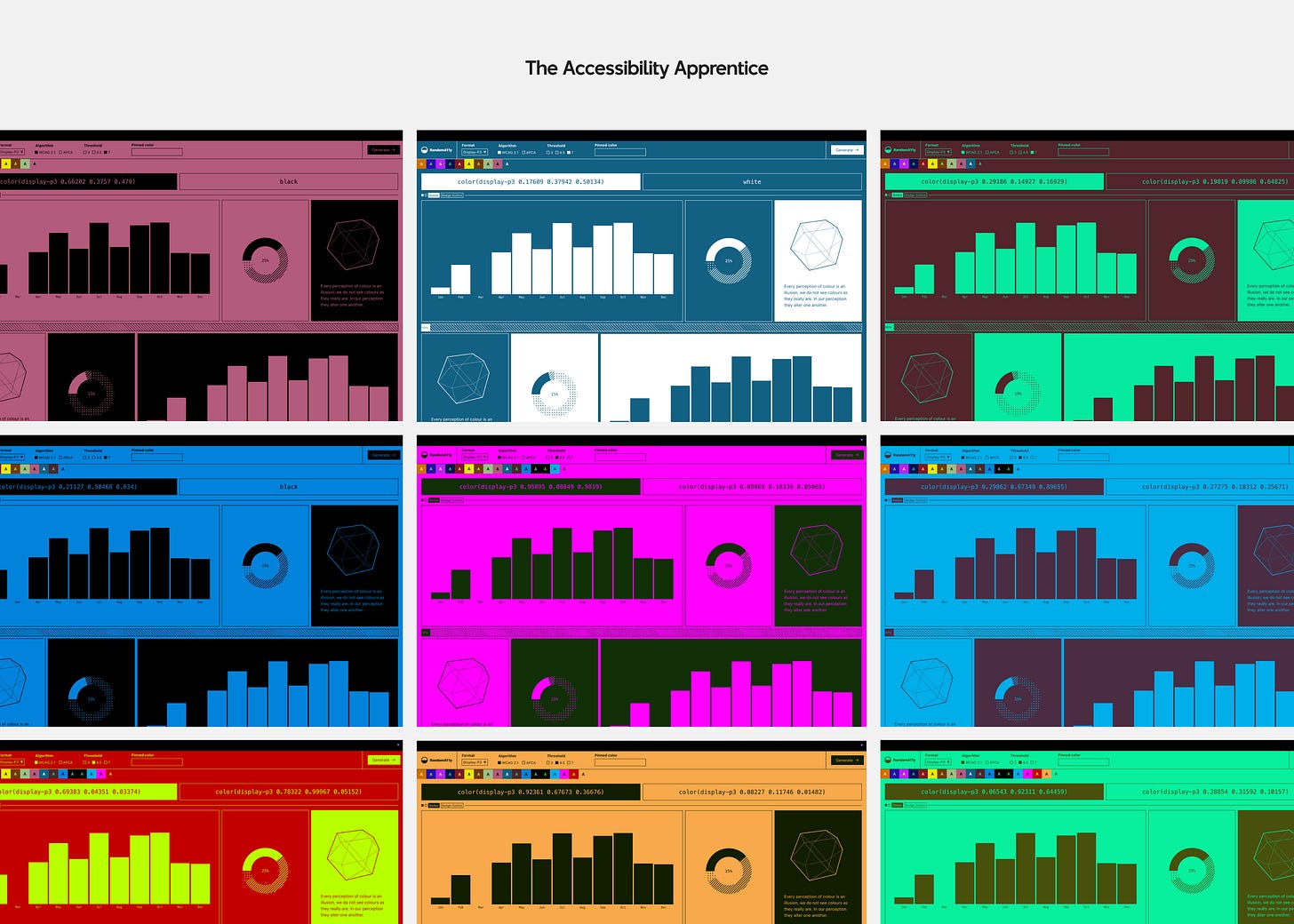 Screenshots of a sample web page in various colour combinations that provide high contrast ratio between foreground and background colours
