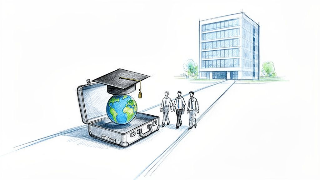 Conceptual drawing of global education (globe with graduation cap) leading professionals to a modern building. Conceptual drawing of global education (globe with graduation cap) leading professionals to a modern building.