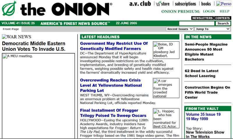 The Internet Archive’s version of The Onion’s homepage from early June 22, 2005, displays a version of the 2056 issue. The Internet Archive’s version of The Onion’s homepage from early June 22, 2005, displays a version of the 2056 issue.