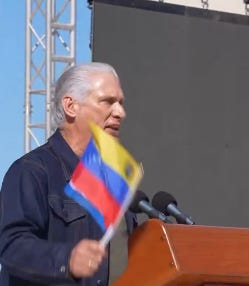 Cuban President Miguel Díaz-Canel Bermúdez waives a Venezuelan flag while condemning Maduro’s ouster before a large crowd in Havana. Cuban President Miguel Díaz-Canel Bermúdez waives a Venezuelan flag while condemning Maduro’s ouster before a large crowd in Havana.