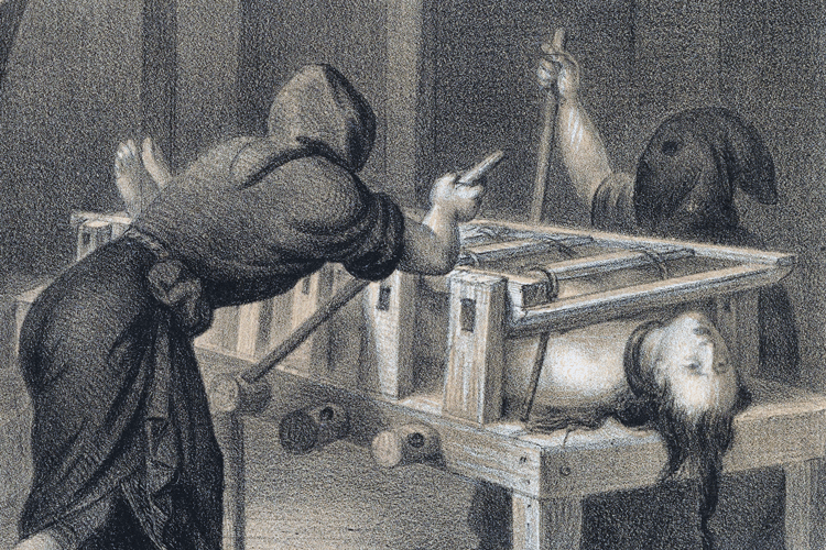 A detail from a 19th century lithograph depicting the torture of a woman during the Spanish Inquisition, while officials look on A detail from a 19th century lithograph depicting the torture of a woman during the Spanish Inquisition, while officials look on