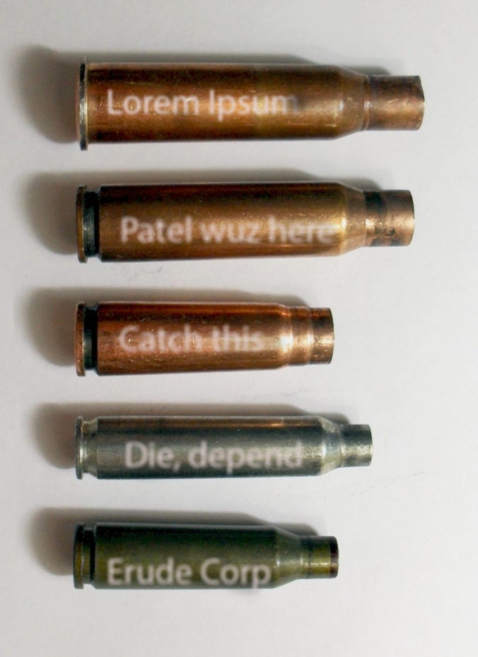 Edited photo to display spent rifle cartridges with parody text on the rounds.