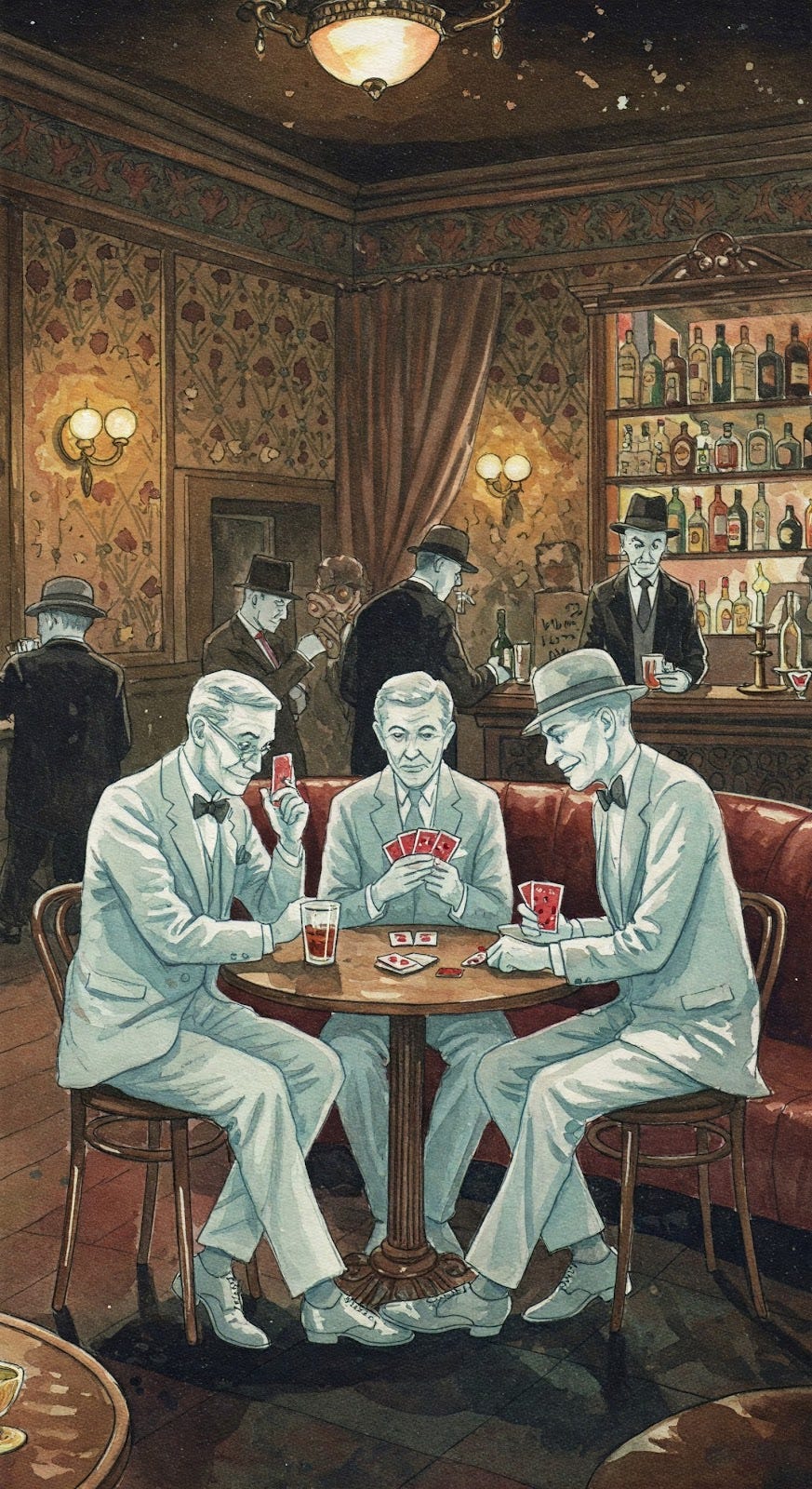 Ghostly image of men from the past in an endless card game in a 1920's speakeasy. Ghostly image of men from the past in an endless card game in a 1920's speakeasy.