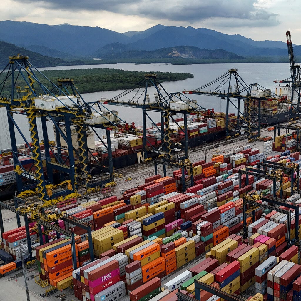 Colorful containers are stacked in a port, surrounded by cranes and mountains.
