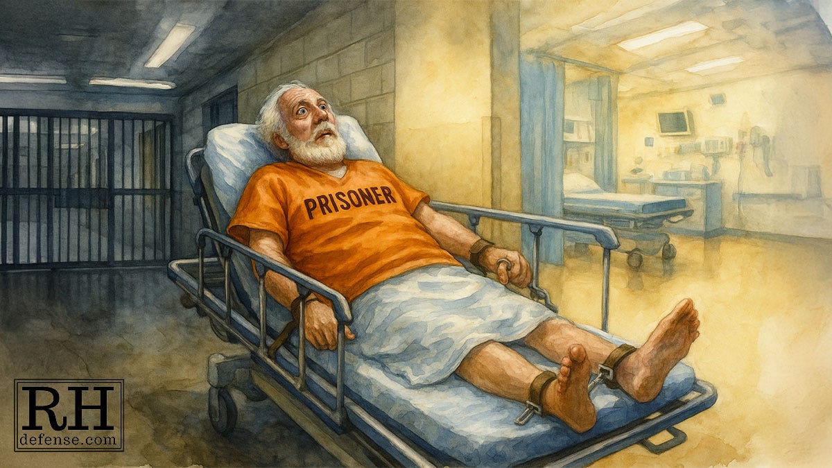 A watercolor-style split-scene showing a man strapped to a gurney: his upper body in an orange “PRISONER” shirt inside a jail booking corridor, while his lower body, in a hospital gown, extends into a bright hospital hallway. The image symbolizes how people with mental illness are pulled between medical care and criminal punishment.
