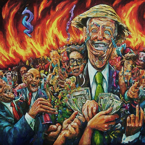 3 AI generated images representing disaster capitalism. Not just the disaster part, but of greedy, callous business people cashing in on the suffering of others. Make it seem like a twisted, brightly colored party. Like candy advertising.