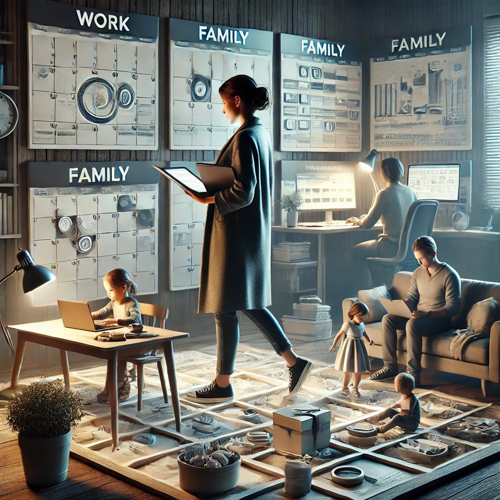 Illustration réaliste d'une personne équilibrant travail, vie de famille et gestion de projets personnels grâce à une organisation structurée. Un calendrier visible montre des plages horaires dédiées à chaque activité, symbolisant l'harmonie et la productivité. Illustration réaliste d'une personne équilibrant travail, vie de famille et gestion de projets personnels grâce à une organisation structurée. Un calendrier visible montre des plages horaires dédiées à chaque activité, symbolisant l'harmonie et la productivité.