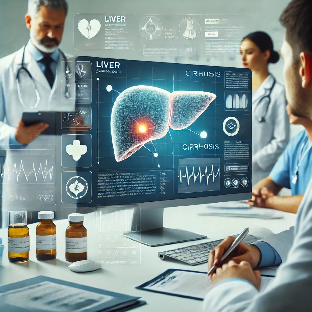 An informative and professional scene showing a medical setting. There is a close-up of a computer screen displaying a liver diagram with highlighted areas indicating cirrhosis. In the background, medical professionals, including a doctor and a nurse, are discussing and reviewing medical charts. The atmosphere is calm and focused, with a color palette that includes soft blues and whites to evoke a sense of trust and cleanliness. The setting should convey a modern and technologically advanced healthcare environment.