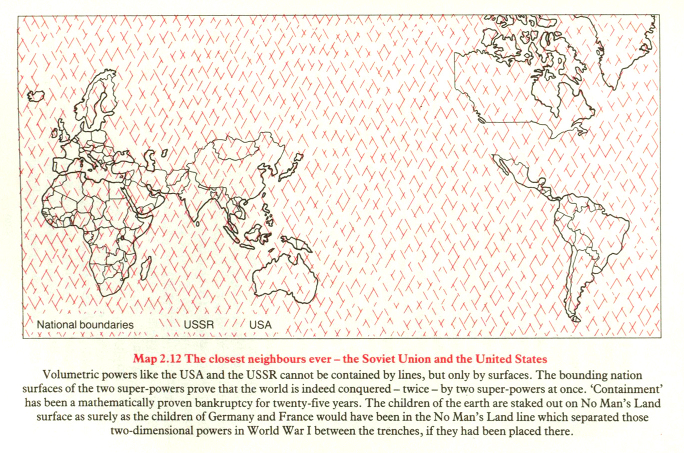 A map of the countries of the Earth, but lacking any distinct boundaries for the United States or the Soviet Union. Instead, the map has a hash of red marks on it which the legend indicates as the "national boundaries" of both nations. A map of the countries of the Earth, but lacking any distinct boundaries for the United States or the Soviet Union. Instead, the map has a hash of red marks on it which the legend indicates as the "national boundaries" of both nations.