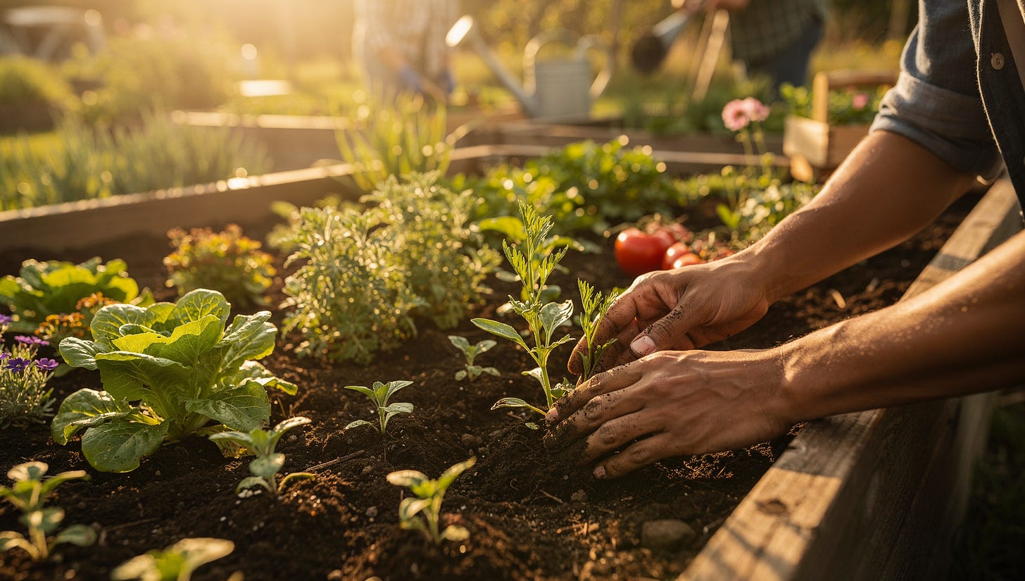 A person planting and tending young plants in a garden bed, gently placing soil around a seedling to support its growth.