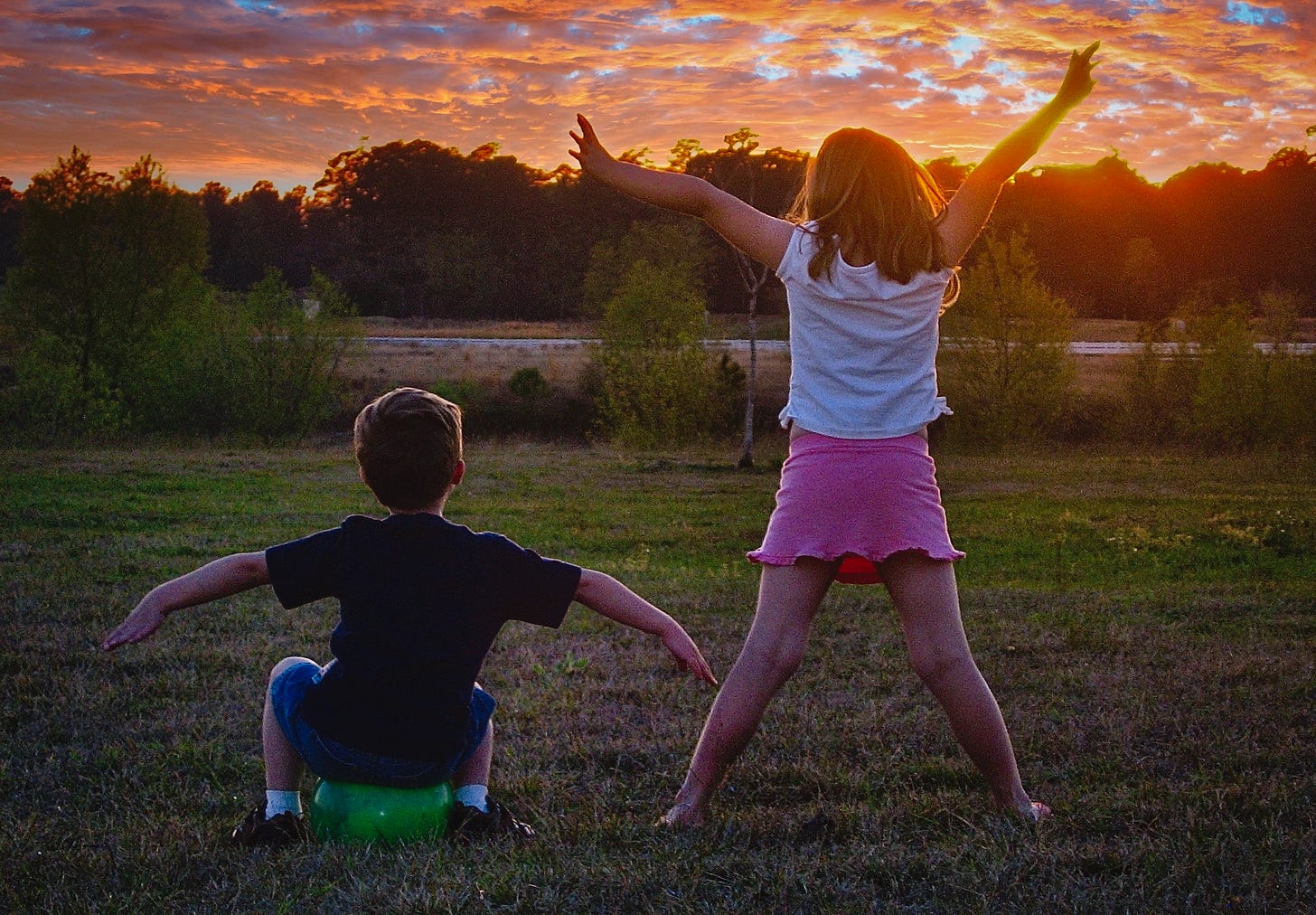 A young boy in a blue shirt balanced on a green ball with arms outstretched, a young girl standing legs wide and arms  up wearinga pink skirt and white shirt, both facing the lake with their back to the camera