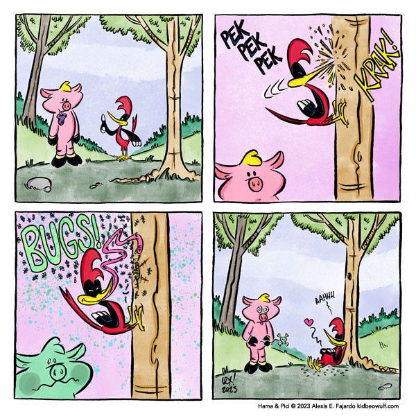 A pink pig stands in the forest eating a purple truffle mushroom. A red-capped woodpecker pecks at a nearby tree trunk and finds bugs! The woodpecker happily eats all the bugs and the pig looks dizzy and sick from watching the woodpecker eat the bugs.