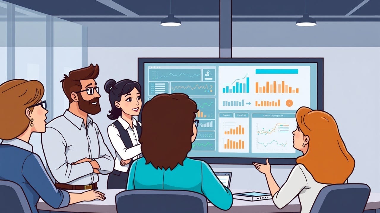 A group of diverse professionals discusses data on a large screen. A group of diverse professionals discusses data on a large screen.