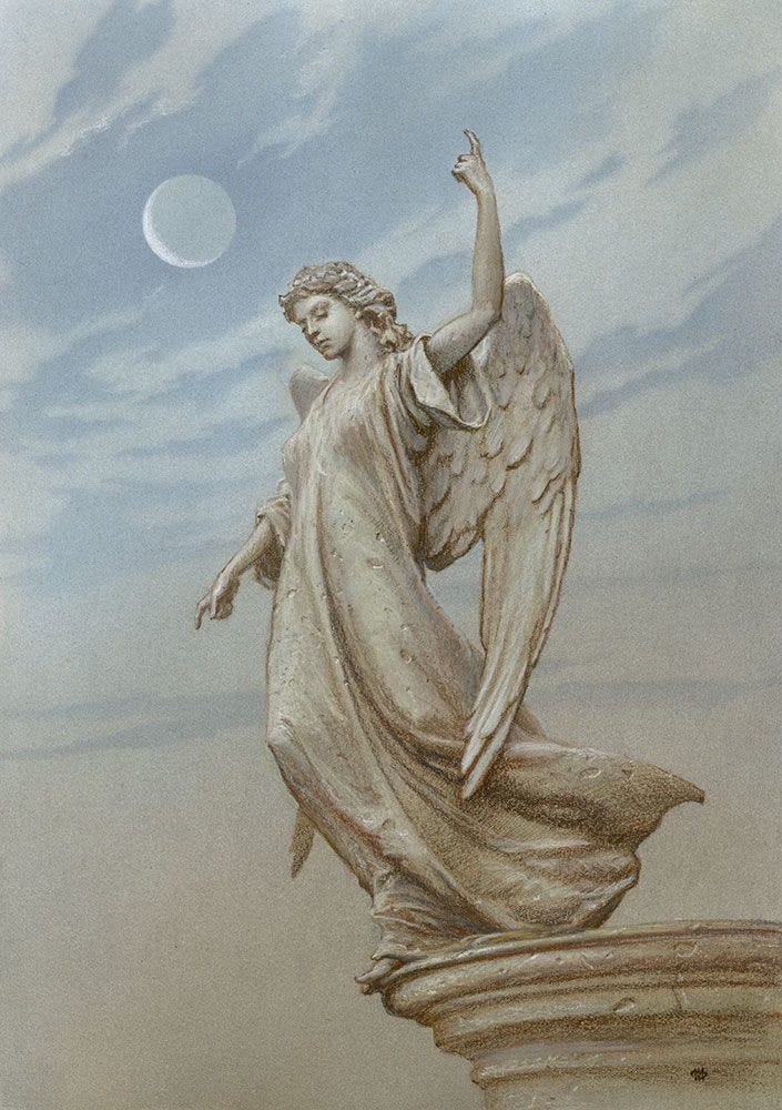 THE ANGEL OF HAYHOLT (2016), Acrylic and Pastel on Paper - 14” x 10”. A painted study that reverses the position of the angel statuefrom the final painting so the figure is facing left.