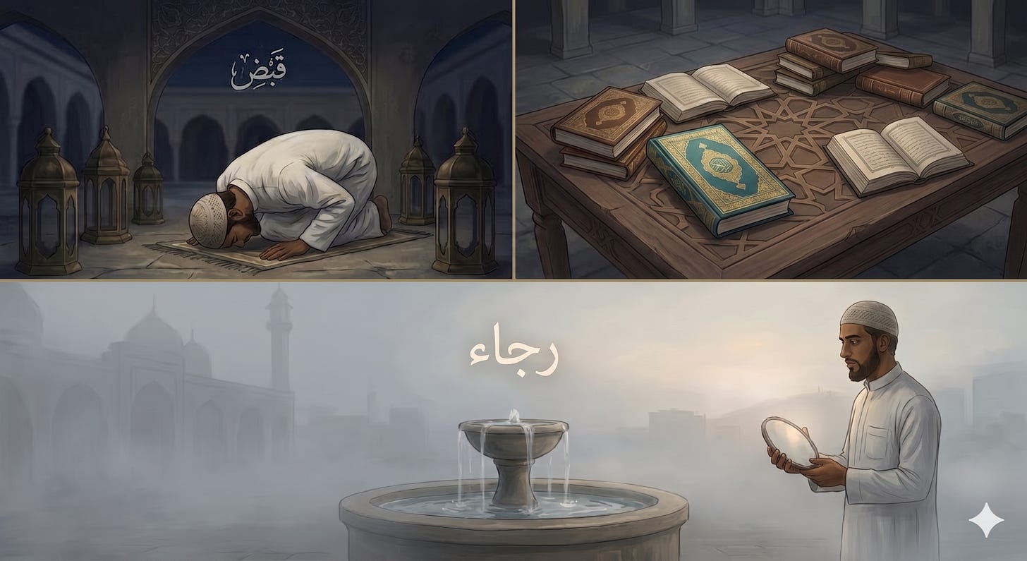 A modified two-panel horizontal illustration representing spiritual states. The top panel is split into two scenes: on the left, a man in a white thobe and prayer cap is in a deep prostration (Sujud) of exhaustion within a dimly lit mosque, with the Arabic word for Contraction (Qabd) above him; on the right, several leather-bound and richly decorated books, including one with a turquoise and gold cover, are strewn across a large, aged wooden table with an intricate Islamic star pattern carved into its surface, elevated off the stone floor. The bottom panel shows the man standing by an ancient water fountain in a heavy morning mist, holding a circular mirror and looking toward the Arabic word for Hope (Raja) glowing in the fog.