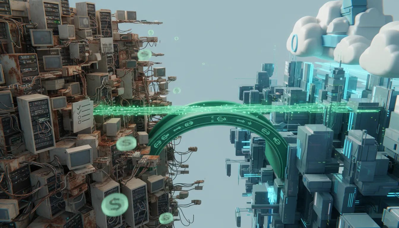 Illustration showing IT modernization progress: a bridge connecting a tangled legacy systems maze to a modern cloud, symbolizing moving what matters and avoiding costly mistakes.