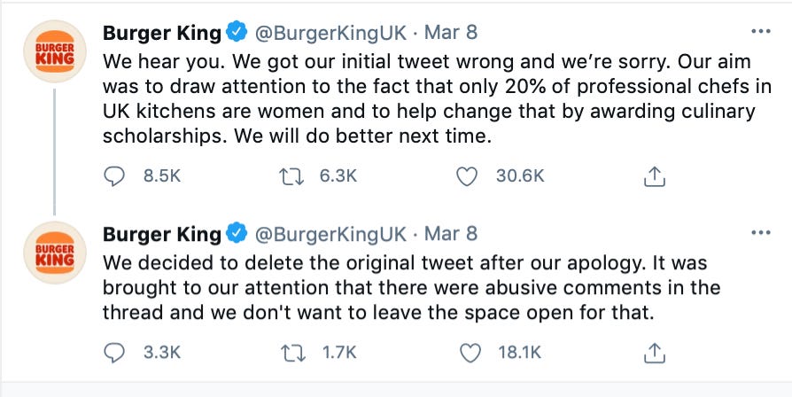 Burger King apologizes for tweet that says "Women belong in the kitchen." Burger King apologizes for tweet that says "Women belong in the kitchen."