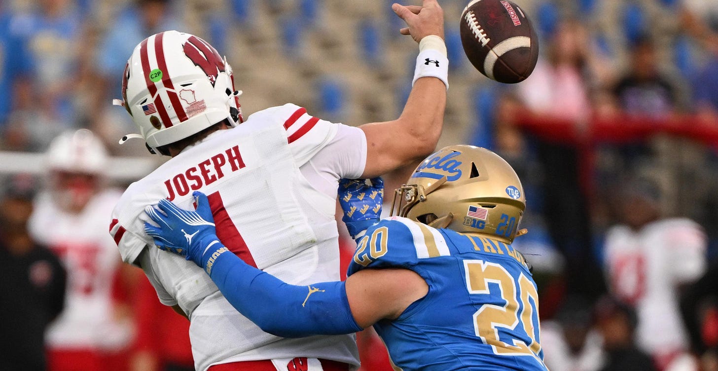 Wisconsin quarterback Colton Joseph attempts to make a play while being pressured by UCLA linebacker Scott Taylor during a game at the Rose Bowl. Wisconsin quarterback Colton Joseph attempts to make a play while being pressured by UCLA linebacker Scott Taylor during a game at the Rose Bowl.